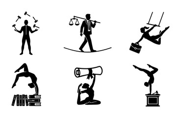 Fototapeta premium Business Icons Set: Juggling, Balance, Acrobatics, Diploma, Law Scales, Courtroom - Vector Graphics for Success Concepts