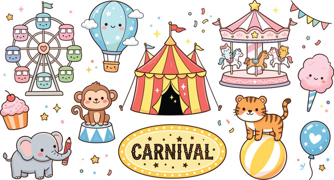 Vector Set of Cute Carnival Elements Including Ferris Wheel, Hot Air Balloon, Circus Tent, Animals, and Sweet Treats for Fun and Festive Designs.