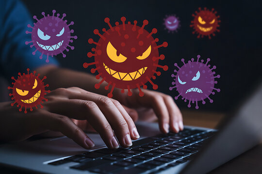 Computer virus infection concept with angry cartoon virus icons.