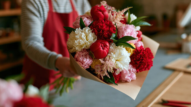 Passionate florist arranging beautiful flower bouquet with hand over counter wearing red apron holding fresh blossoms carefully