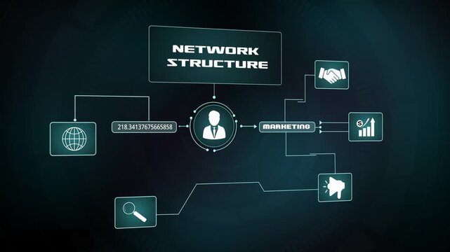 Network structure business interface, Digital marketing connectivity, Futuristic corporate data flow, Global communication and analytics system.