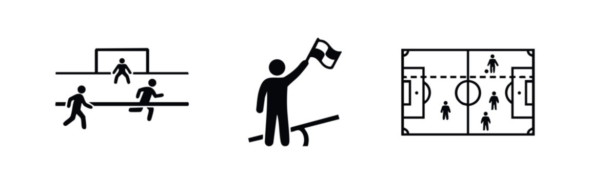 Soccer Field and Referee Icons. Football Pitch, Players, and Referee with Flag Vector Set