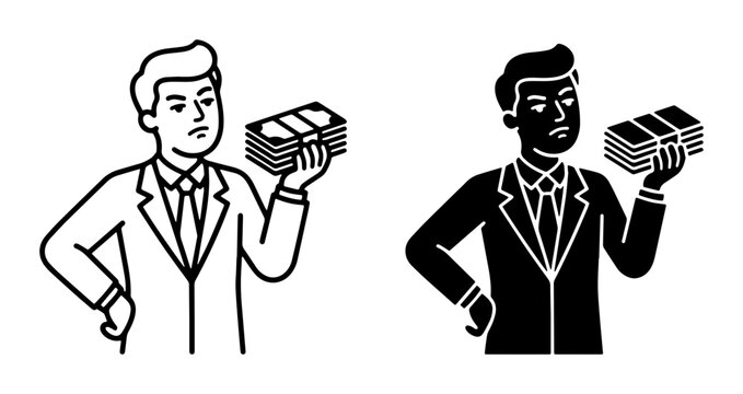 Man Holding Money Stack, Business Finance Concept, Wealth and Income Icons, Financial Success Vector