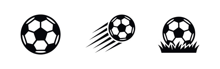 Fototapeta premium Soccer Ball Icons. Football Sport Game Ball, Kicking, and Ball on Grass Vector Set