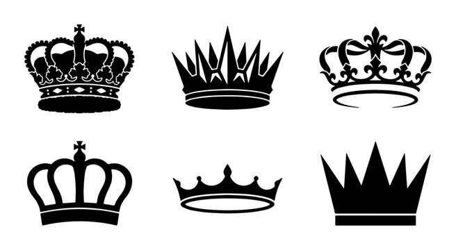 Royal Crown Icons Set, Black Silhouette Vector Graphics, Regal Symbols for Royalty and Authority