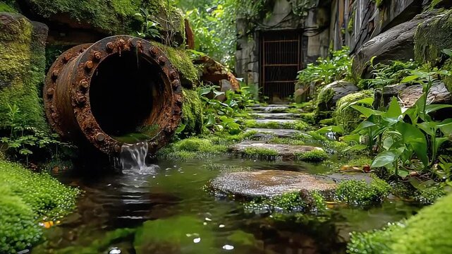 A rusty pipe releases water into a moss-covered stream, creating a tranquil, overgrown garden scene perfect for nature or environmental storytelling.