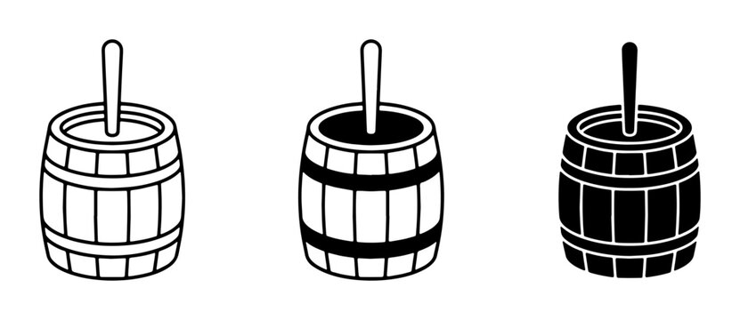 Butter Churn Icons: Vintage Wooden Barrel Designs for Dairy Production and Food Making