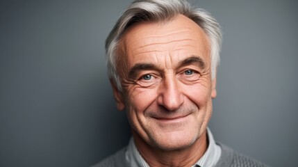 Fototapeta premium Portrait of an elderly man with gray hair and warm smile against a gray background, showcasing joy and wisdom in mature age with natural lighting.