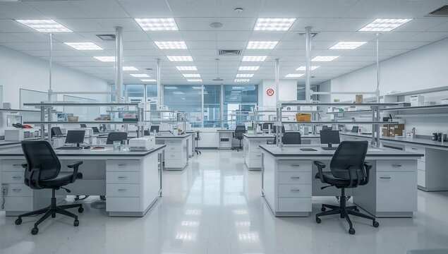 A modern laboratory equipped with advanced technology. This image depicts a clean, organized workspace filled with computers and scientific equipment. The room is well-lit.