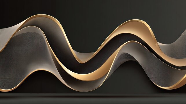Three dimensional flowing ribbons with gold trim undulate across a dark background