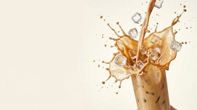 Creamy vanilla iced coffee splashing dynamically into a tall glass with ice cubes creating a refreshing beverage motion blur and liquid splash art against a clean minimalist beige background