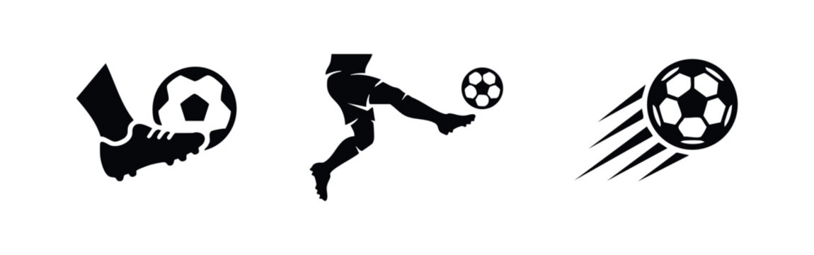 Soccer and Football Action Icons with Kicking Player and Speeding Ball Silhouettes