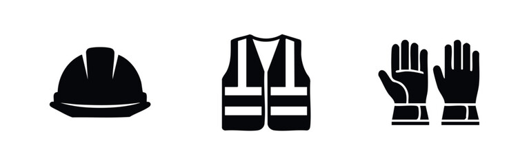 Fototapeta premium Safety and work equipment icons: hard hat, vest, gloves.