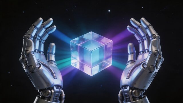 robot hands holding glowing cube