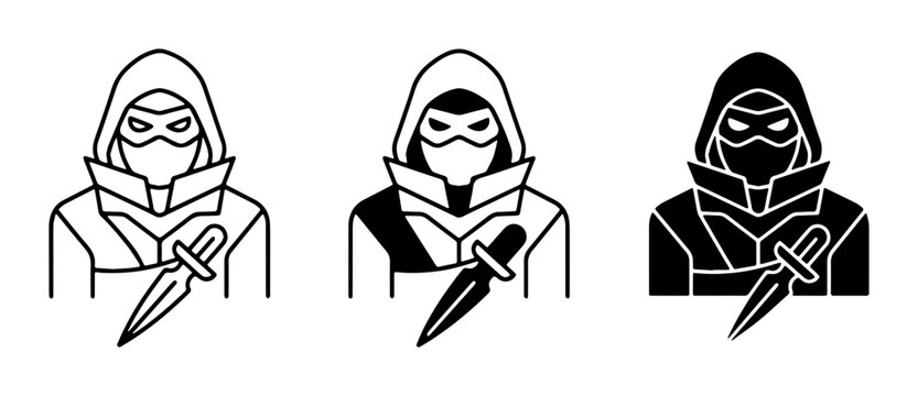 Assassin Icon Set, Stealthy Figure with Dagger, Silhouette and Outline Styles, Vector Graphics for Security and Mystery Themes