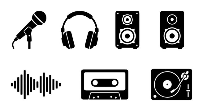 Audio Equipment Icons Set: Microphone, Headphones, Speakers, Turntable, Cassette, Sound Wave Vector Graphics for Music and Sound Design