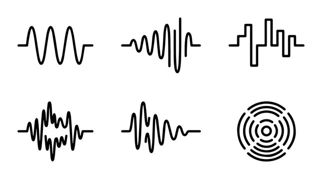 Abstract Sound Waveforms and Audio Signal Icons, Set of 6 Minimalist Vector Graphics for Music and Technology Concepts