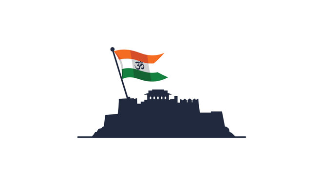 A dark fortress silhouette features the Indian tricolor flag with an Om symbol flying high above the structure against a plain white background.
