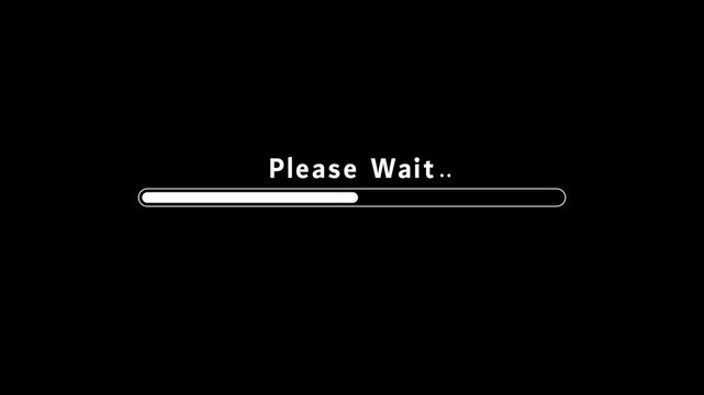 Please Wait Text with Horizontal Loading Progress Bar on Black Background