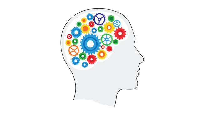 A minimalist profile of a human head contains a vibrant cluster of mechanical gears within the brain area against a plain white background.
