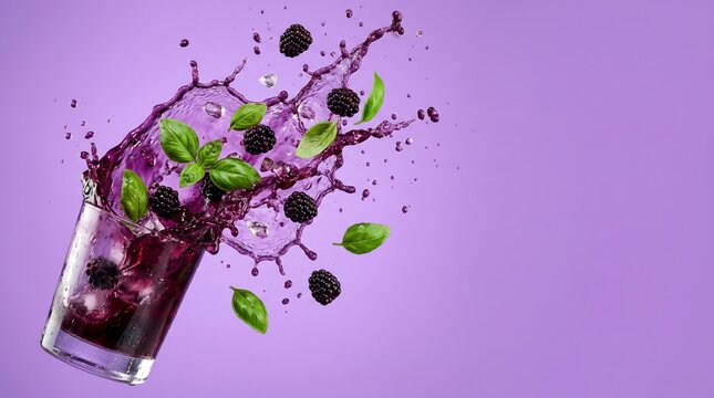 Dynamic splash of dark purple blackberry juice exploding from a clear glass with ice cubes fresh basil leaves and whole berries frozen in mid air against a vibrant solid purple background high