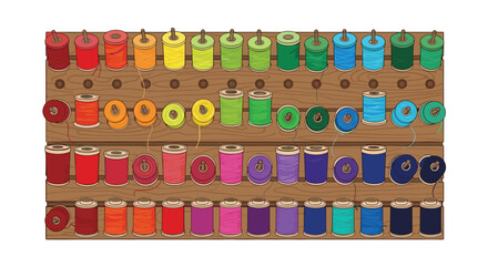 Naklejka premium Rows of colorful sewing thread spools organized on a wooden wall rack displayed against a neutral background with soft natural lighting and earthy tones.
