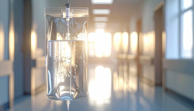 Close-up of an intravenous IV fluid bag hanging in a bright hospital corridor with sunlight streaming through