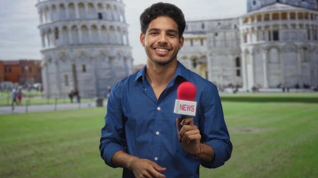 Man holding red microphone, smiling and giving thumbs up in front of historic building; confidence travel reporting.