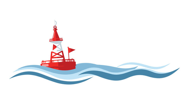 A red and white navigational maritime buoy floats upon stylized blue water waves with a small red warning flag against a clean bright white background environment.