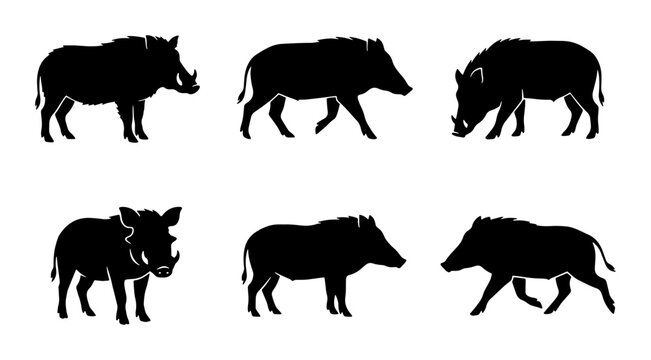 Six Warthog Silhouettes, African Wildlife Vector Icons, Wild Boar Animal Poses, Graphic Elements for Nature Design
