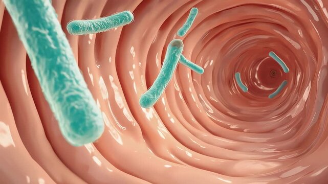 Intestine interior macro, organic textures, beneficial bacteria particles floating gently