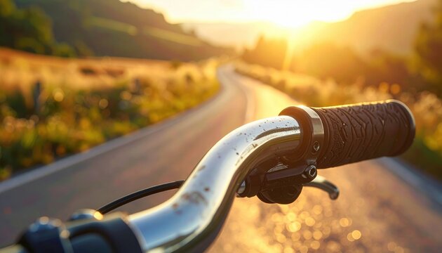 Close-up of shiny chrome bicycle handlebars on a winding road at golden sunset, capturing the essence of an adventurous journey.
