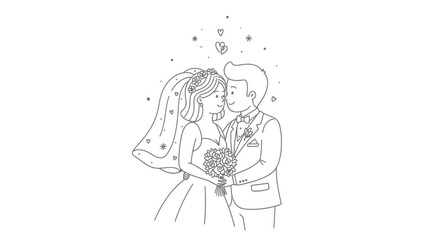 Obraz premium Couple Wedding Line Art Illustration, Bride and Groom Kissing