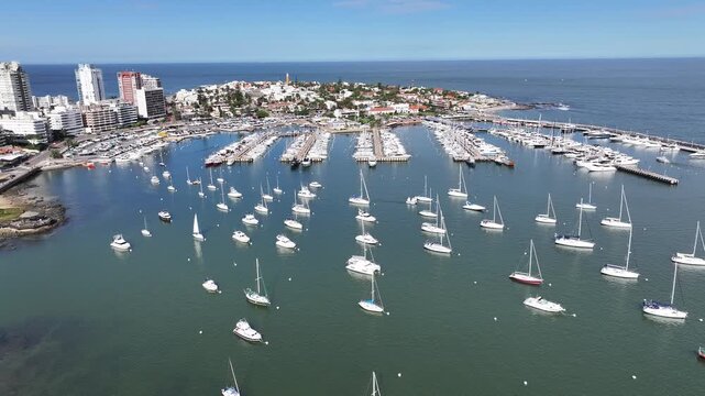 Punta Del Este Skyline In Punta Del Este Maldonado Uruguay. Aerial View Of A Bustling Downtown Cityscape With Modern Buildings. Shore Sky Clouds Beach Sea. Shore Beach Tropical Environment.