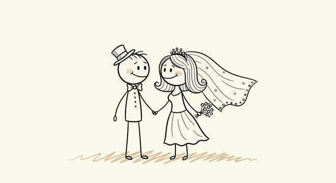 Happy stick figure couple on wedding day, bride and groom