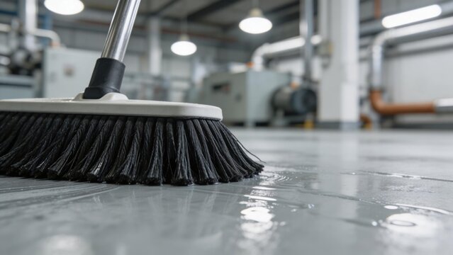 Broom on wet industrial floor