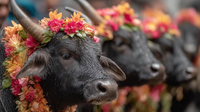Cattle decorated with flowers participate in Gai Jatra Festival celebration