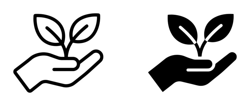 Hand holding seedling icon, growth symbol, sustainability concept, two styles: outline and solid fill, vector illustration