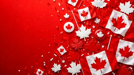Naklejka premium Canadian flags and maple leaf decorations on red background with confetti and stars for canada day celebration