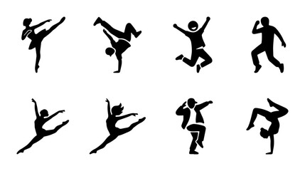 Dynamic Dance Silhouettes, 8 Figures in Motion: Ballet, Breakdance, Hip Hop, Karate Poses, Vector Icons for Performance and Fitness Concepts © Shariful