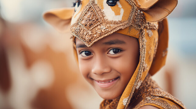A child wearing a traditional Gai Jatra Festival costume smiles during a cultural event.
