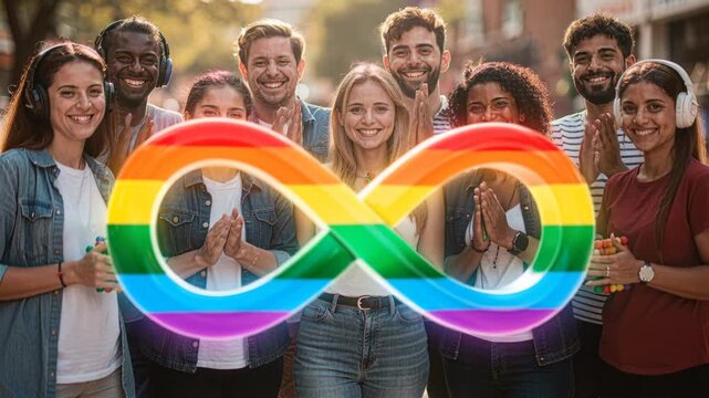 Diverse Group Celebrate Together With Rainbow Infinity Symbol and Fidget Cubes