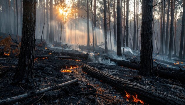Charred forest floor with glowing embers and smoke under a sunlit sky at dawn