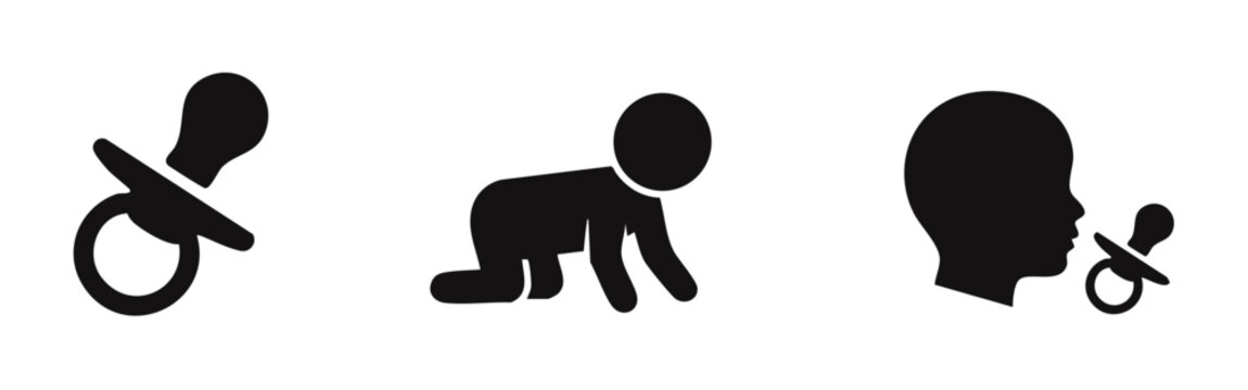 Baby Development Icons Featuring Pacifier and Crawling Infant Silhouette