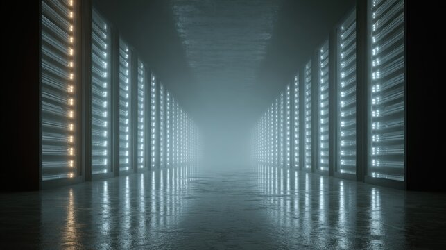 Rows of glowing electronic equipment line a misty, futuristic hallway stretching into the distance