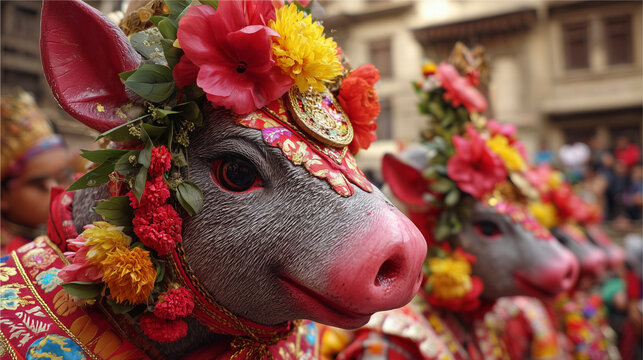 Vibrant decorated cows participate in Gai Jatra Festival procession through crowded streets