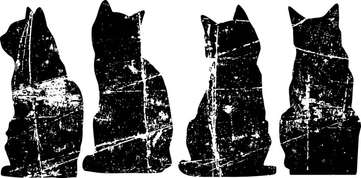 grunge silhouette set of four black cats sitting side view with distressed texture