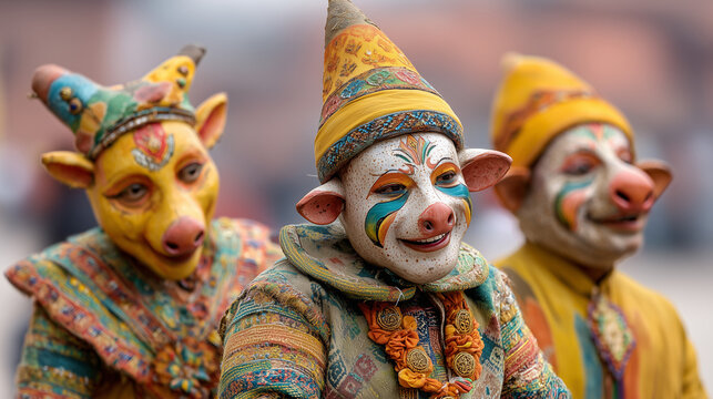 People celebrate Gai Jatra Festival with colorful costumes and makeup outdoors