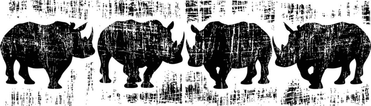 Black rhinoceros silhouettes set in grunge four rhino shapes in different angles with textured distressed effect