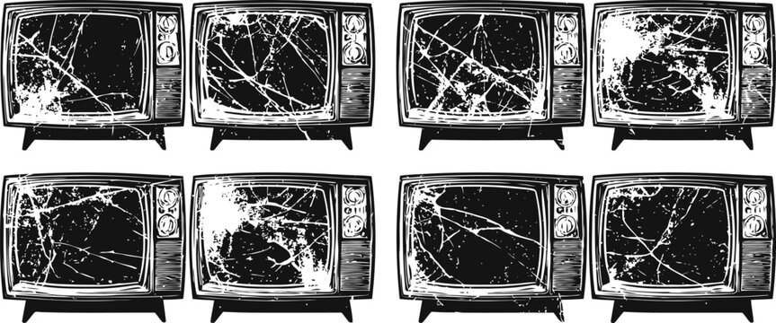 Set of grunge cracked vintage television silhouettes in black and white